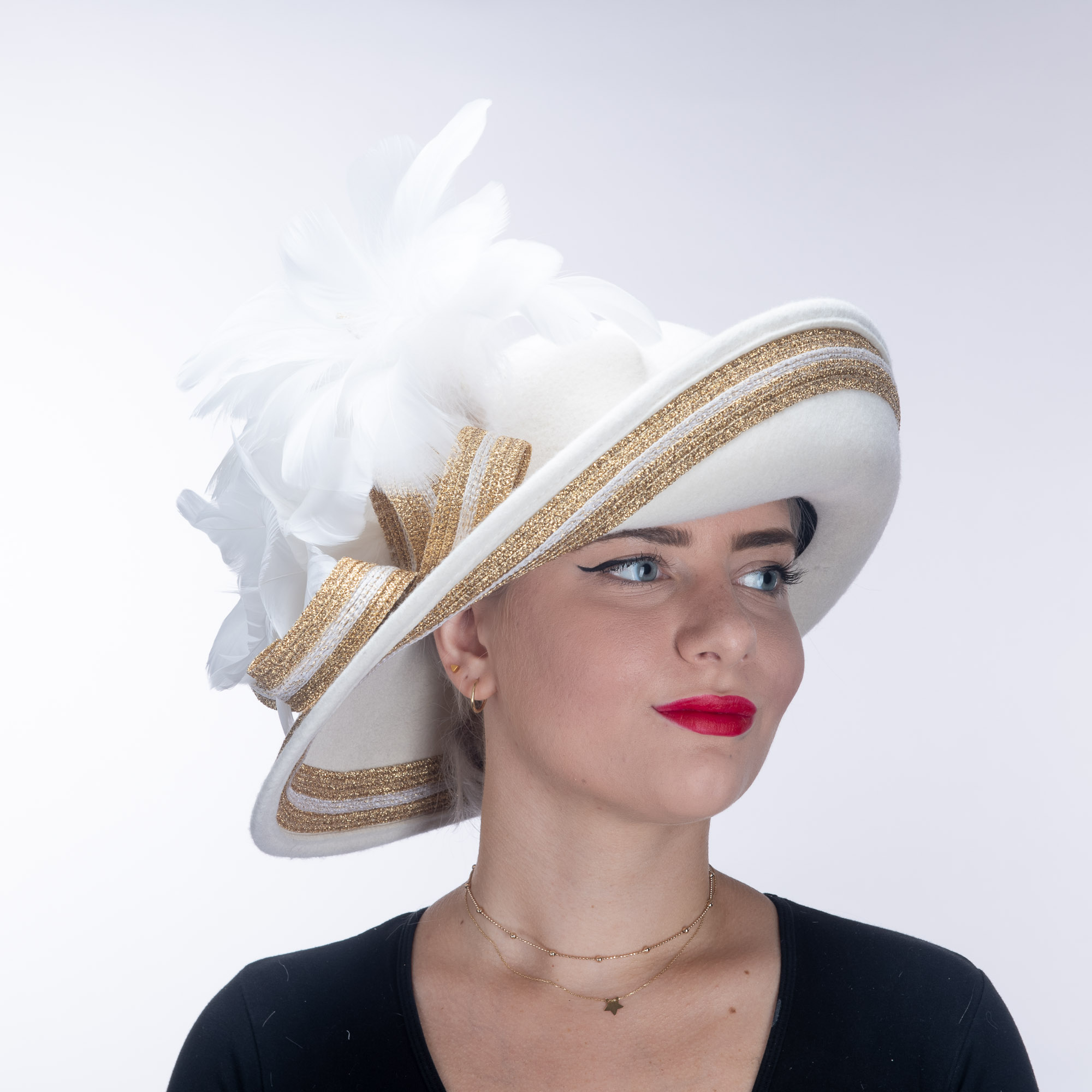 Winter White Gold Metallic Feather Trim Medium Brim Wool Felt Hats ...