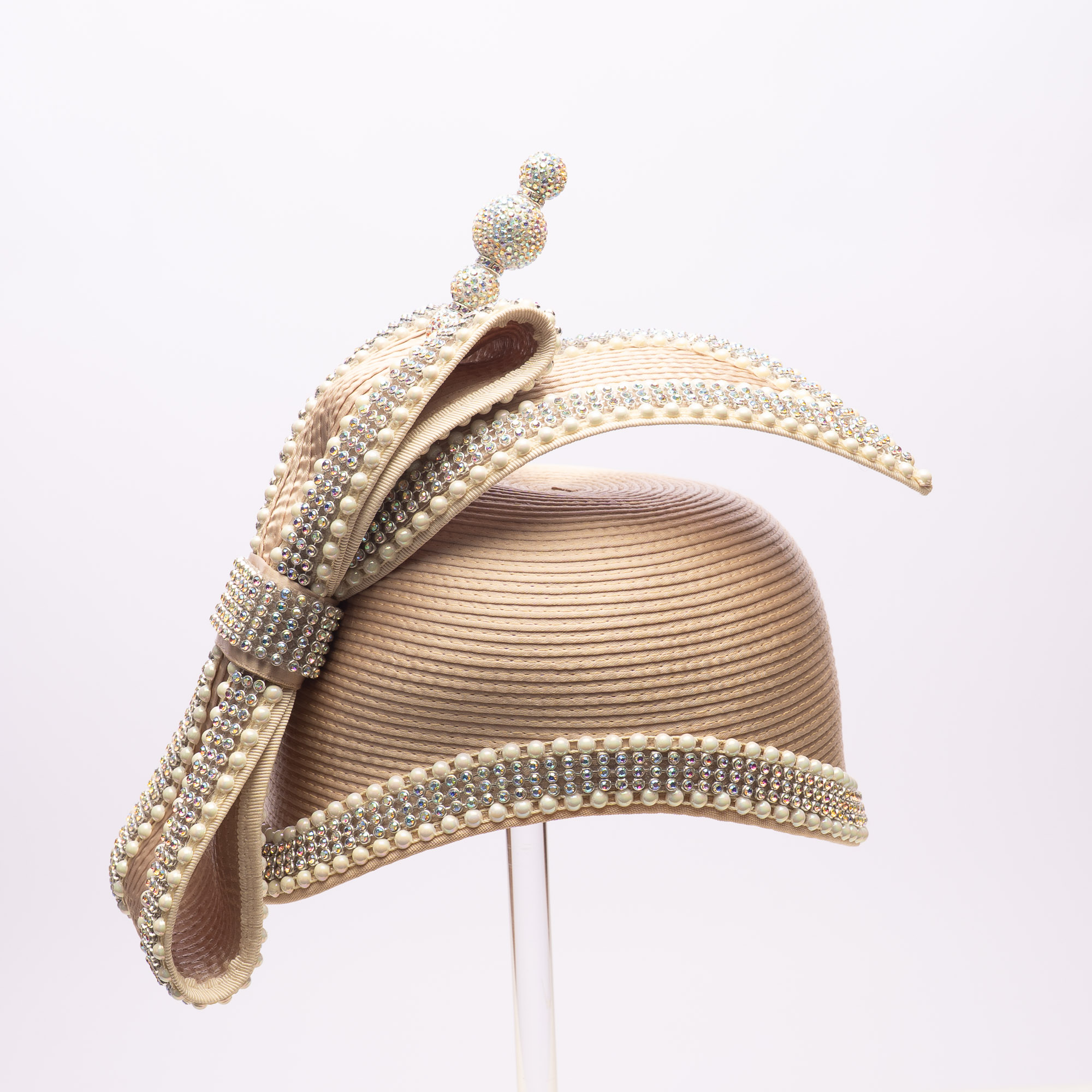 Stiff Ribbon Hat Beige Ribbon Bow With A Crystal Pin Added On The Hat With A Rhinestone ...