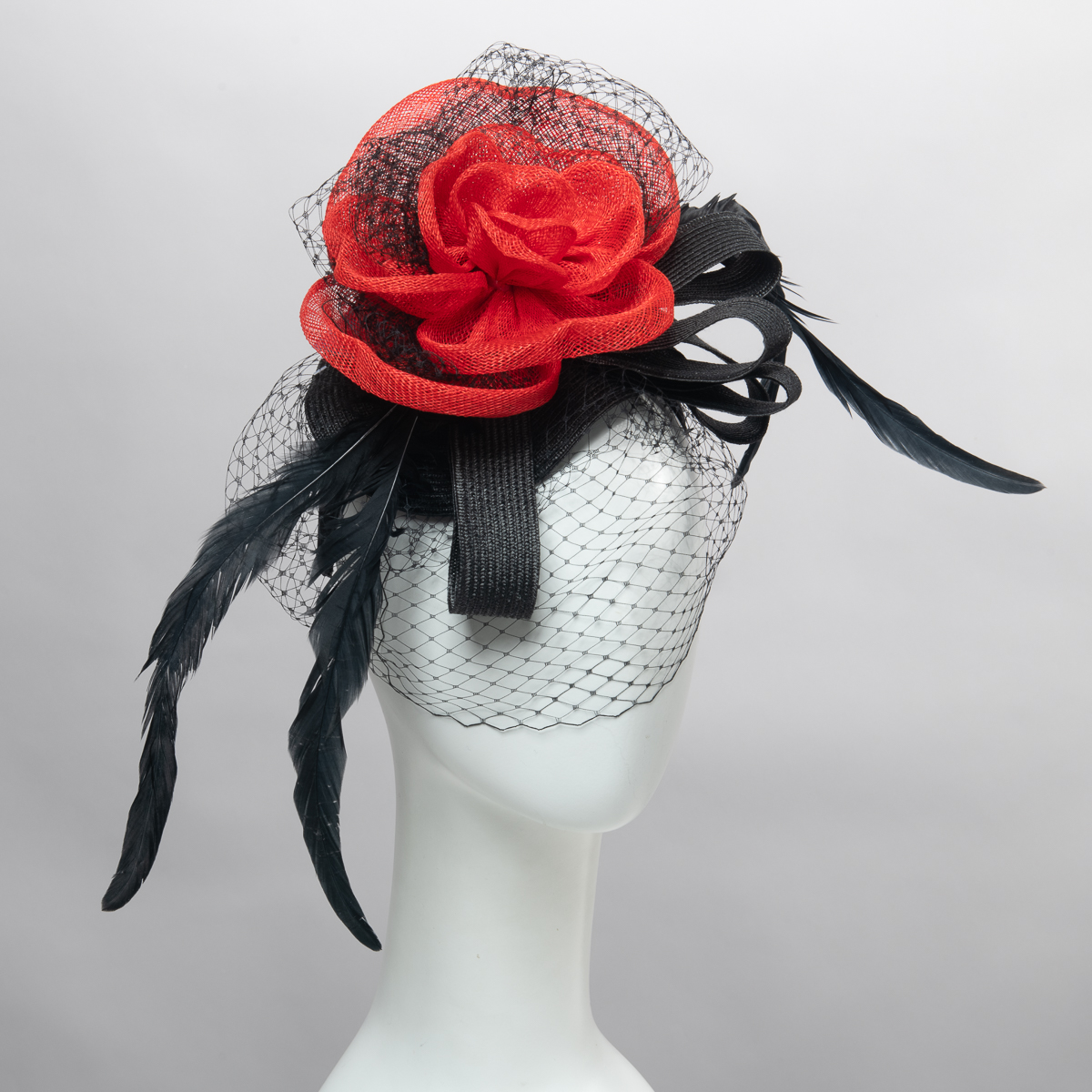 Black Sinamay Veil Feather with Red Rose Headband Fascinator  display picture 3